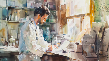 Side view of a compassionate doctor in a modest clinic, detailed watercolor painting, soft brushstrokes, natural light filtering through a window, evoking warmth and care