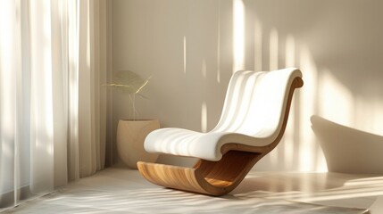 A wooden chair with white fabric, designed
