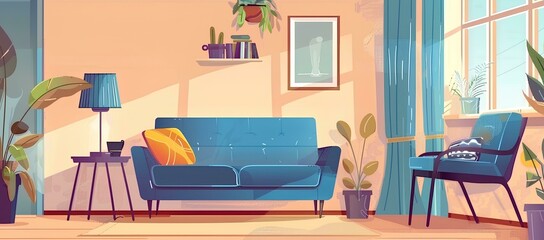 Flat design illustration of interior living room with blue sofa, armchair and window. Home decor background for web banner template design. Interior concept. cartoon simple minimalism
