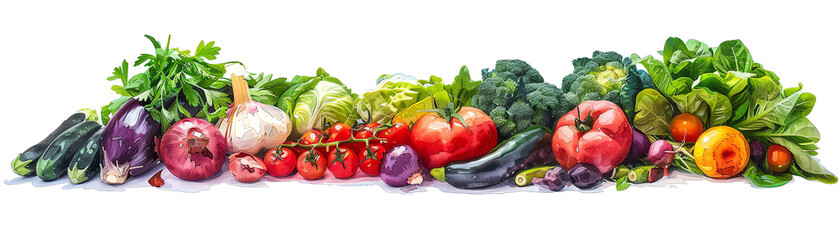 Side view of assorted organic vegetables, watercolor style, soft hues, gentle brushstrokes, rustic charm, white background, focused on freshness and variety, ideal for print media