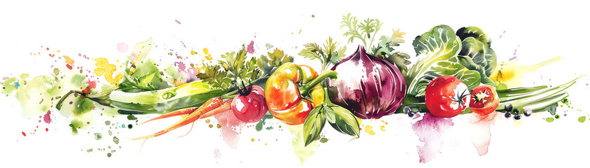 Side view of assorted organic vegetables, watercolor style, soft hues, gentle brushstrokes, rustic charm, white background, focused on freshness and variety, ideal for print media