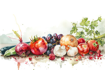 Side view of berries and vegetables artistically painted in watercolor, the soft, gentle hues blending harmoniously, showcasing the beauty of natures produce in elegant simplicity,