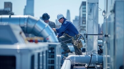 Construction workers install and maintain HVAC pipe systems on the roof of a building.