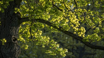Fototapeta premium Tree displaying fresh green leaves during the beginning of spring