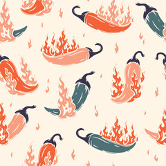 Seamless Pattern of Red Chili Pepper with Fire Flames. Hot Chilli Taste. Spicy Food. Vector illustration.