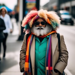 a vertical shot of stylish man in wig with colorful scarf on the streets street