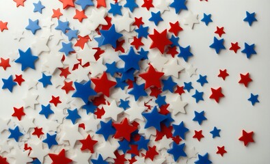 Bunch of red and blue stars decoration, symbolizing American pride , on a white background, top view