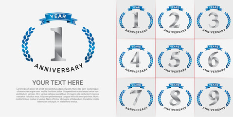 anniversary logotype set vector, silver color and blue ribbon for special day celebration