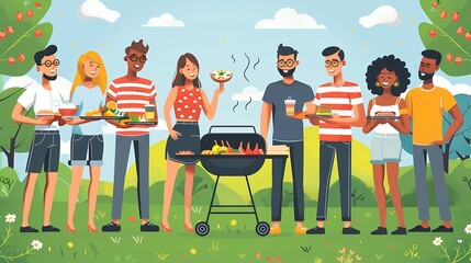 Create a flat design of a group having a potluck barbecue in the park