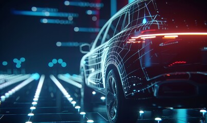 3D rendering of glowing blue digital lines in the background with dark grey color on an abstract grid pattern