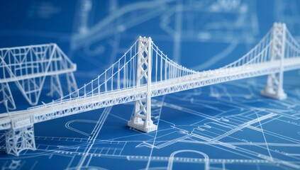 Fototapeta premium 3d white model of the bay bridge on blue blueprint background, high resolution photography