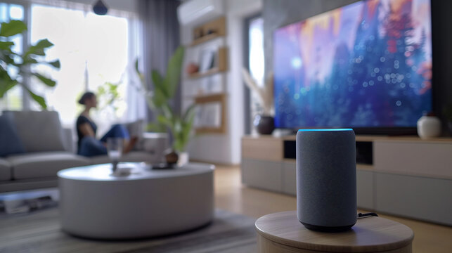 A woman is sitting on a couch in a living room with a smart speaker on a table i