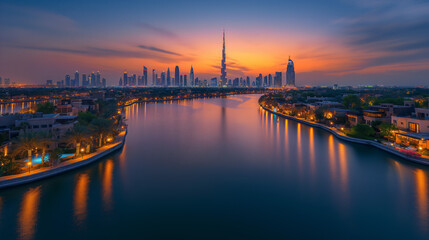 Obraz premium A panoramic view of Dubais skyline at sunset, with the Burj Khalifa standing tall in the center of the image. The iconic building is reflected in the calm waters of a canal, surrounded by lush greener