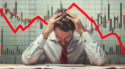 Stressed professional with red declining graph in background

