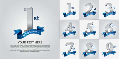 anniversary logotype set vector, silver color and blue ribbon for special day celebration
