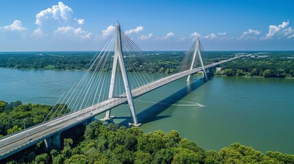 Obraz premium A picturesque aerial view of a magnificent cable-stayed bridge surrounded by lush green trees, spanning across a serene body of water under a clear blue sky