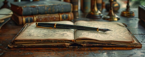 An antique fountain pen resting on an aged, open book filled with handwritten text, surrounded by vintage books and ornate gold objects on a rustic wooden table