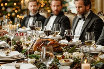 Elegantly dressed men in tuxedos sitting at a festive dinner table adorned with a roast turkey, wine, and Christmas decorations, reflecting a luxurious celebration