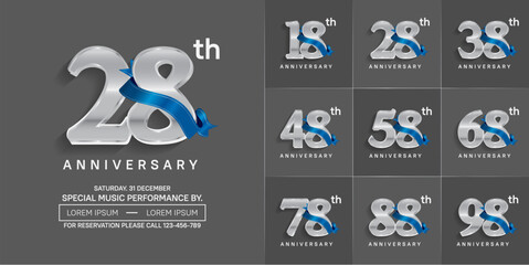 anniversary logotype set vector, silver color and blue ribbon for special day celebration