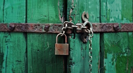 A green wooden door is locked with an old padlock and chain, symbolizing security or protection from bad weather.