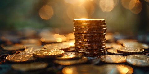 A beautifully illuminated stack of gold coins with a bokeh background, capturing the essence of wealth and prosperity in a golden hue