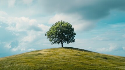 Solitary green tree on the hilltop