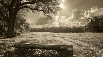 A serene and picturesque countryside meadow during sunset with dramatic clouds, a winding dirt path, and a large tree, creating a tranquil landscape scene perfect for nature enthusiasts