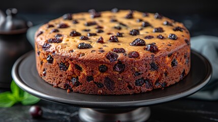 A beautifully baked, golden-brown fruit cake studded with an abundance of dark, glossy berries displayed on a black cake stand, perfect for festive celebrations