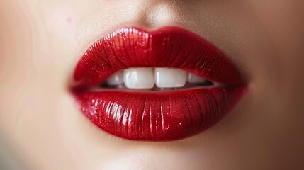Obraz premium A close-up image of a woman's lips, highlighting the smooth and glossy texture of her red lipstick, capturing the intricate details and sheen, suggesting elegance and style