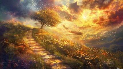 Divine Illumination, Digital Art of the Pathway to Heaven. Generative Ai