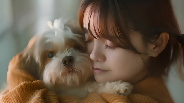 Woman Cuddling Adorable Shih Tzu Dog with Ai generated.
