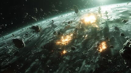 space debris field near Earth within the Solar System with fragments of old satellites and rockets scattered throughout