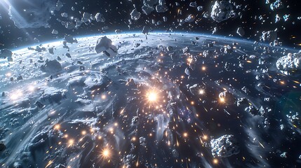 space debris field near Earth with fragments of old satellites and rockets scattered throughout