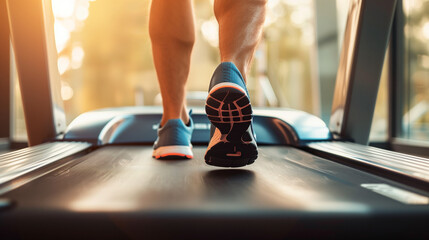 Close-up view of a man's feet running on a treadmill in a gym. Concept of fitness, exercise, and healthy lifestyle.