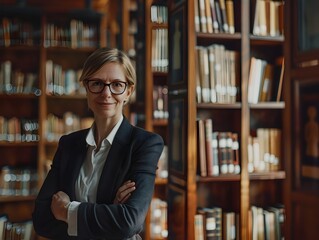 Confident Female Professional Surrounded by Literature in a Cozy Library