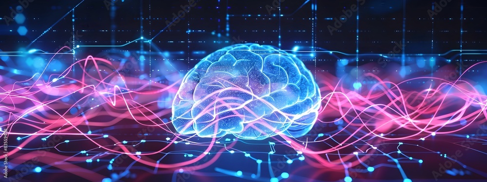 Poster visualizing brain waves pulsing neural patterns of cognitive activity