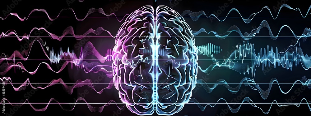 Poster captivating visualization of brain wave patterns depicting neural activity and frequency spectrum
