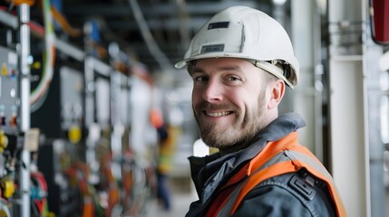 Fototapeta premium Industrial Worker in Hard Hat Overseeing Factory with Determination and Efficiency