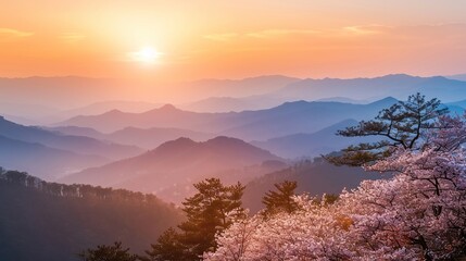Dawn Over the Peaks, Sakura Blossoms in Mountain Landscape. Generative Ai