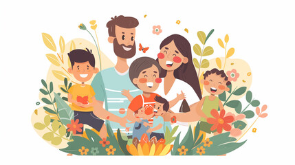 Illustration of a joyful family reunion with smiling parents and children surrounded by colorful flowers and greenery. Perfect for themes of love, togetherness, and celebration.