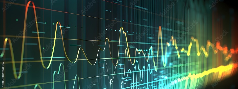 Poster electrical signal frequency graph displaying data analytics and finance concept