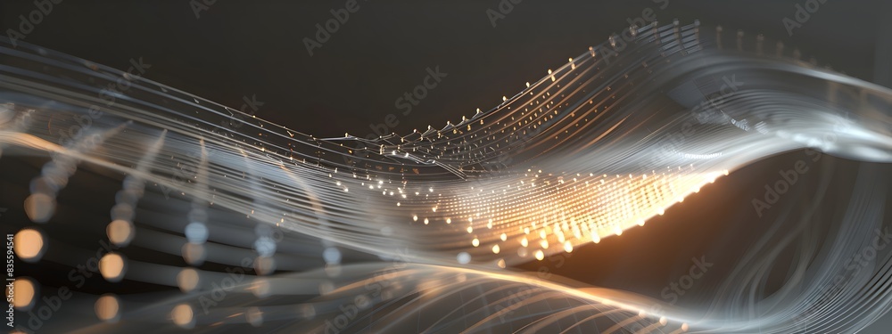 Poster vibrating string instrument rendering producing musical notes and waves