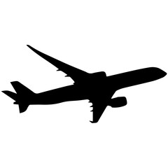 A silhouette of a twin-jet airliner