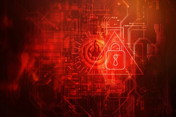 Obraz premium Abstract red background with warning sign and lock icons for an online security concept, vector illustration.