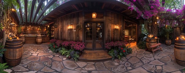 A cozy rustic-themed bar with wooden walls and floors, adorned with vibrant flowers and hanging lights, providing a warm and inviting atmosphere