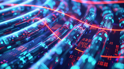 Closeup of glowing data cables transferring information in a vibrant, futuristic, and high-tech network background.