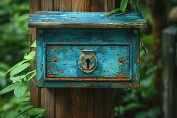 An old, weathered blue mailbox with rust and peeling paint is attached to a wooden post in a lush, green garden setting surrounded by foliage - Powered by Adobe