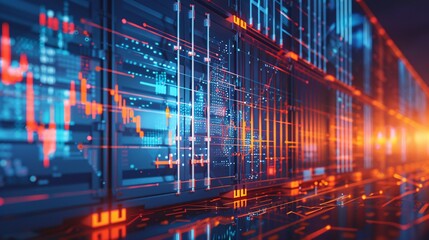 Fototapeta premium Futuristic Digital Interface on Shipping Containers Illustrating Advanced Data Analytics and Market Trends in Global Trade and Logistics - Generative AI