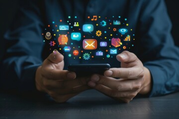 Businessman using mobile phone with digital marketing icons floating above, closeup on hands and device screen.
