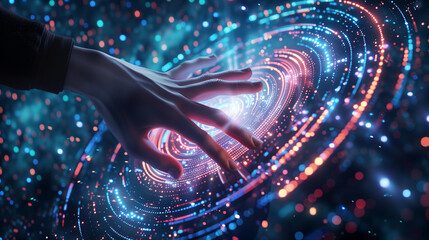 A hand interacts with a swirling, digital data flow, symbolizing futuristic technology, innovation, and the power of human touch in the digital world.